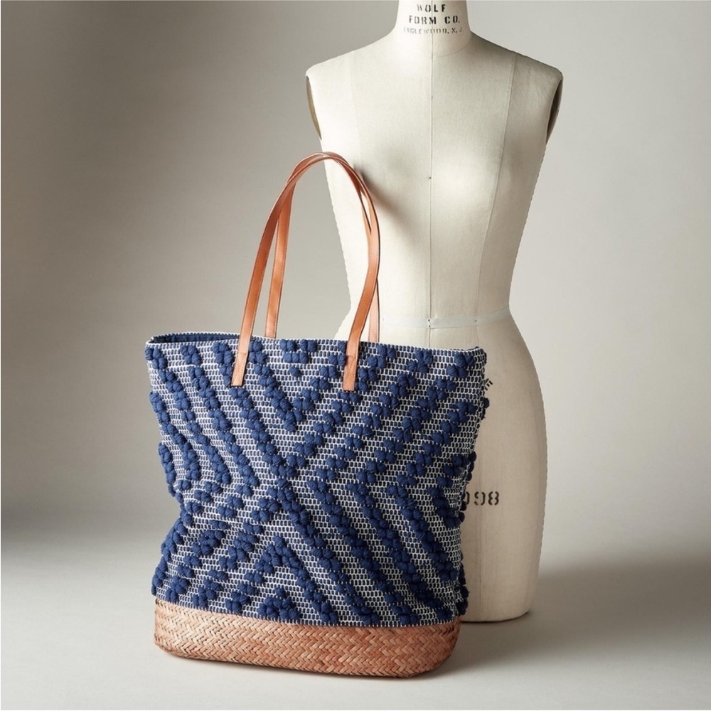 Anthropologie Ines Tote Pom Pom Navy Straw